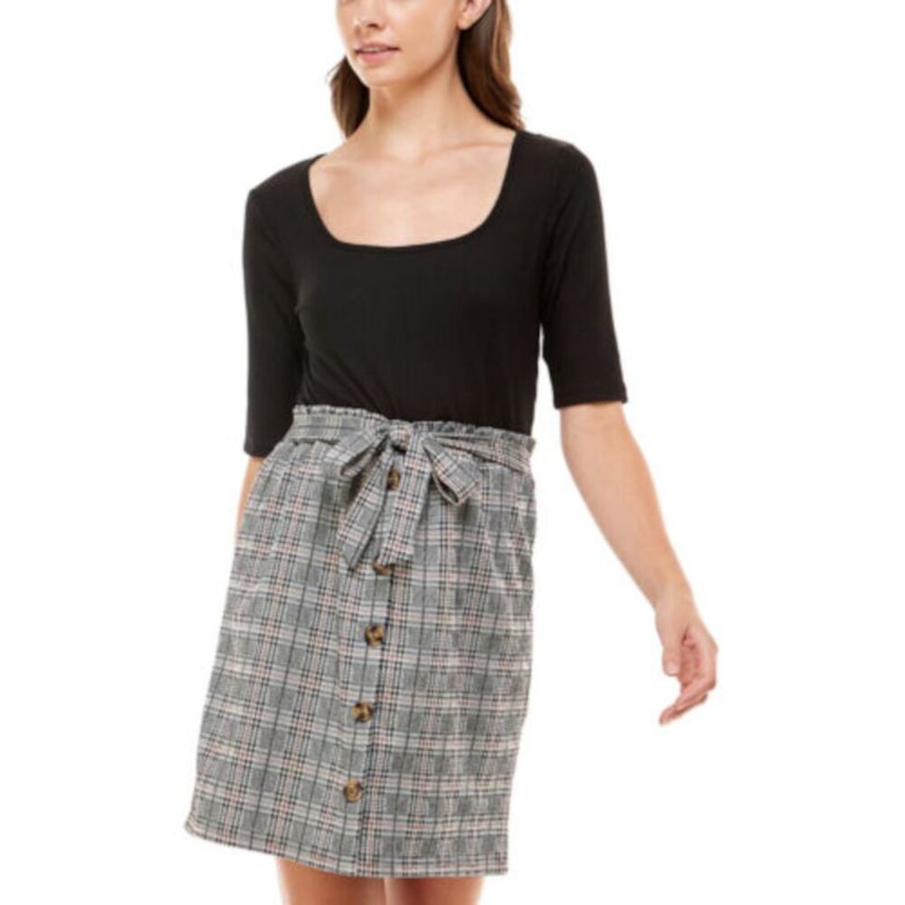 ULTRA FLIRT Womens Dress Black Belted Elbow Sleeve Plaid Look Juniors M